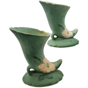 Pair Vintage Green Weller Pottery Dogwood Cornucopias 6" High